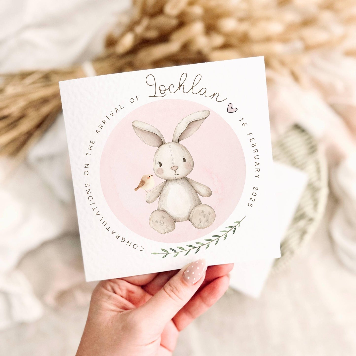 Personalised New Baby Girl Card - Name & Birth Date Custom Bunny Print for Newborn Keepsake
