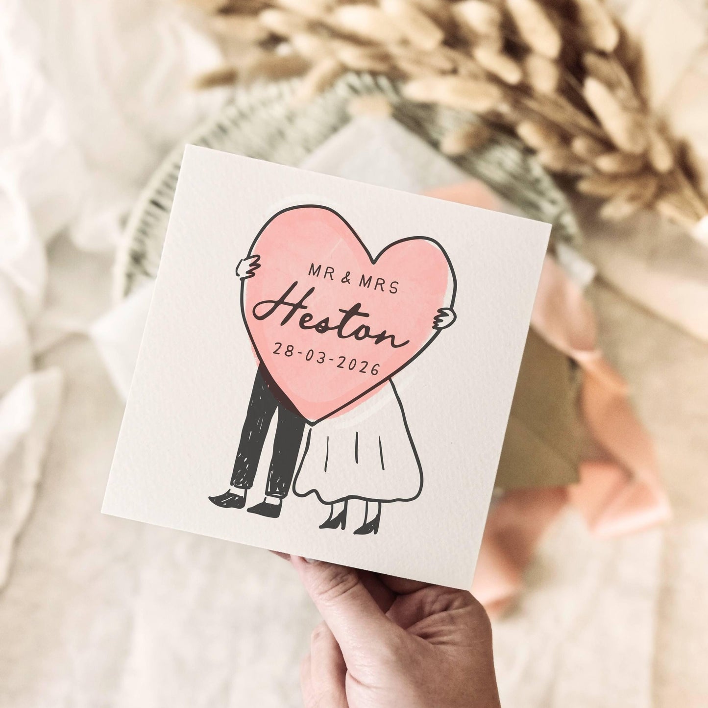 Personalised Wedding Greeting Card for Couple - Name & Wedding Date Line Drawn Heart Print
