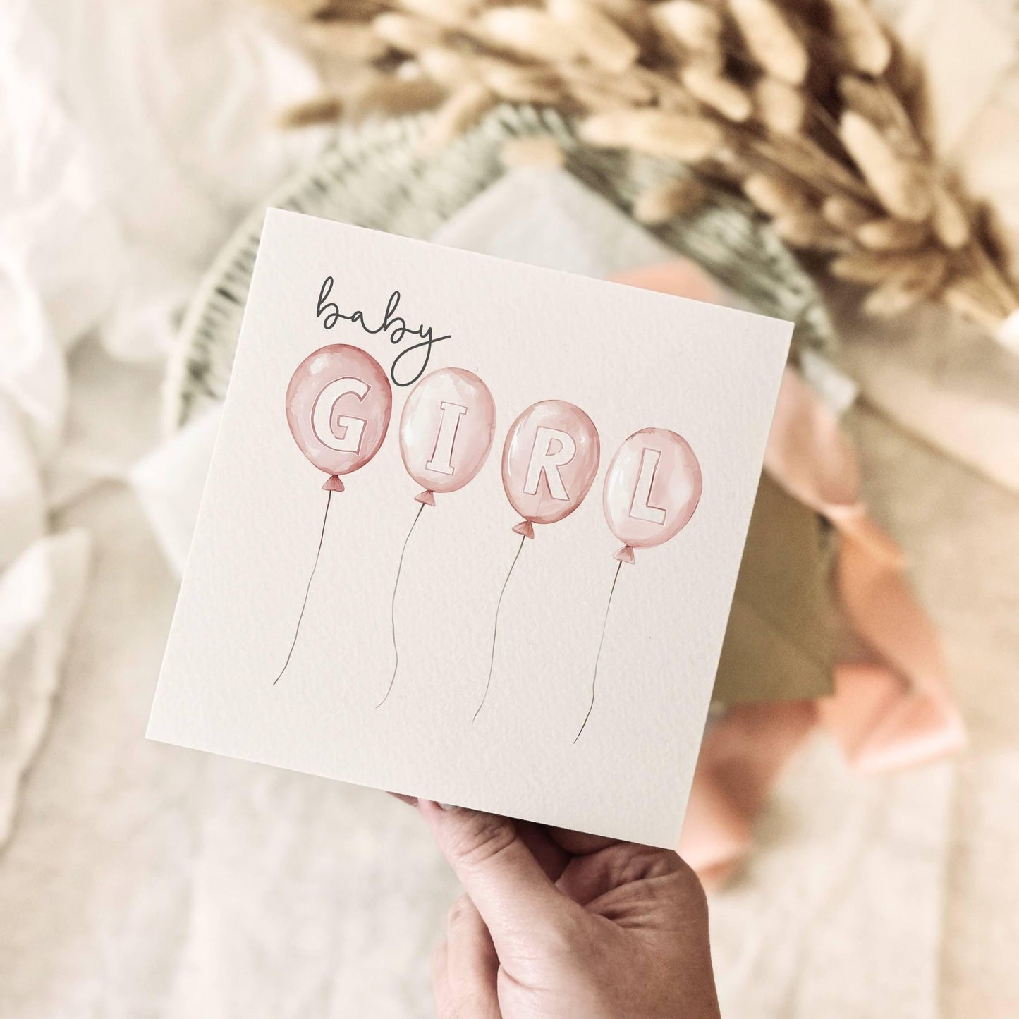 New Baby Girl Greeting Card - Newborn Keepsake with Personalised Options - Baby Shower Pink Balloons