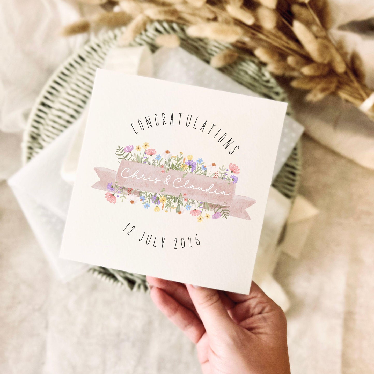 Personalised Wedding Day Card, Engagement/Anniversary Greeting Card for Couple - Custom Name & Date