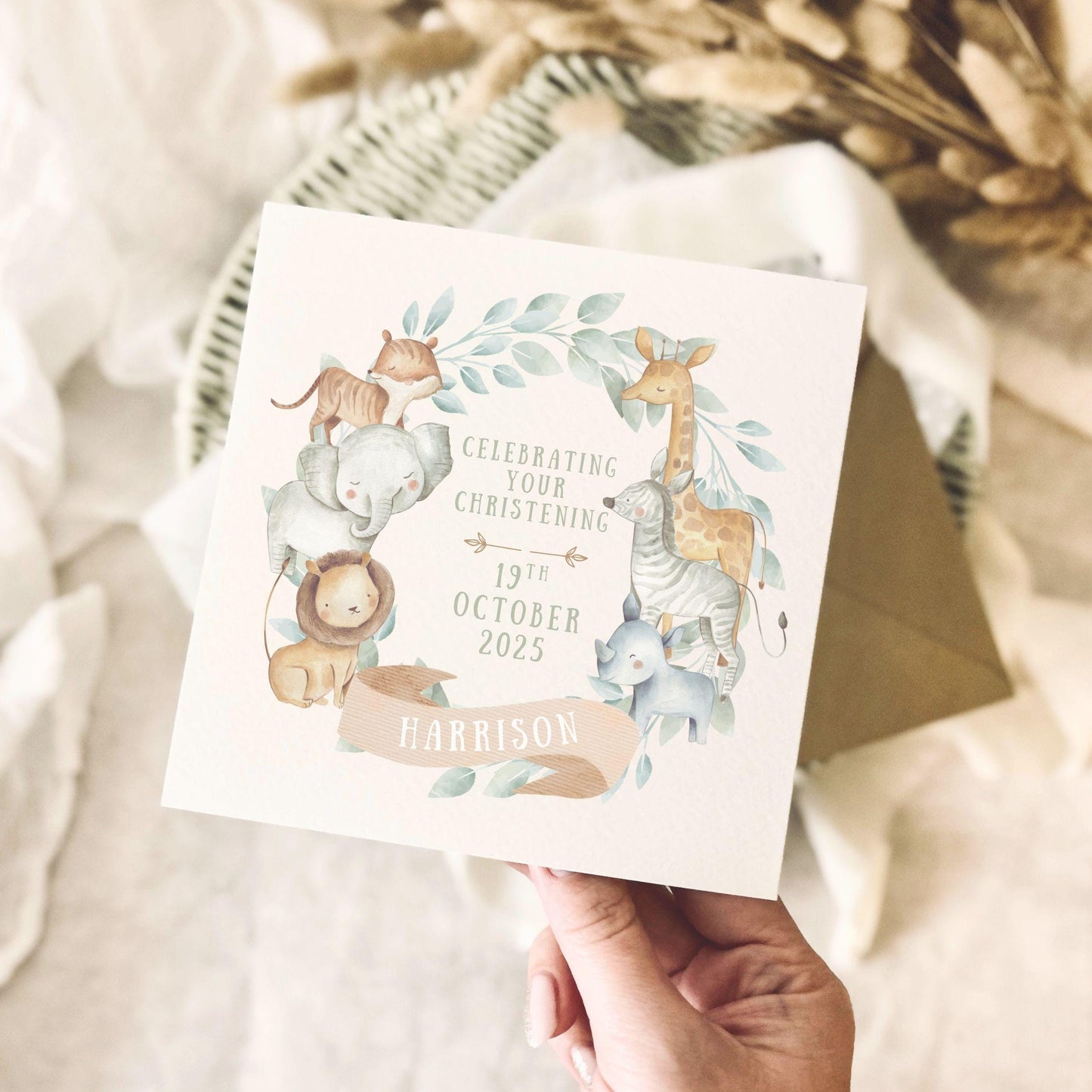 Personalised Christening Card for Boy - Baptism Greeting Card Keepsake with Custom Options - Animal Wreath