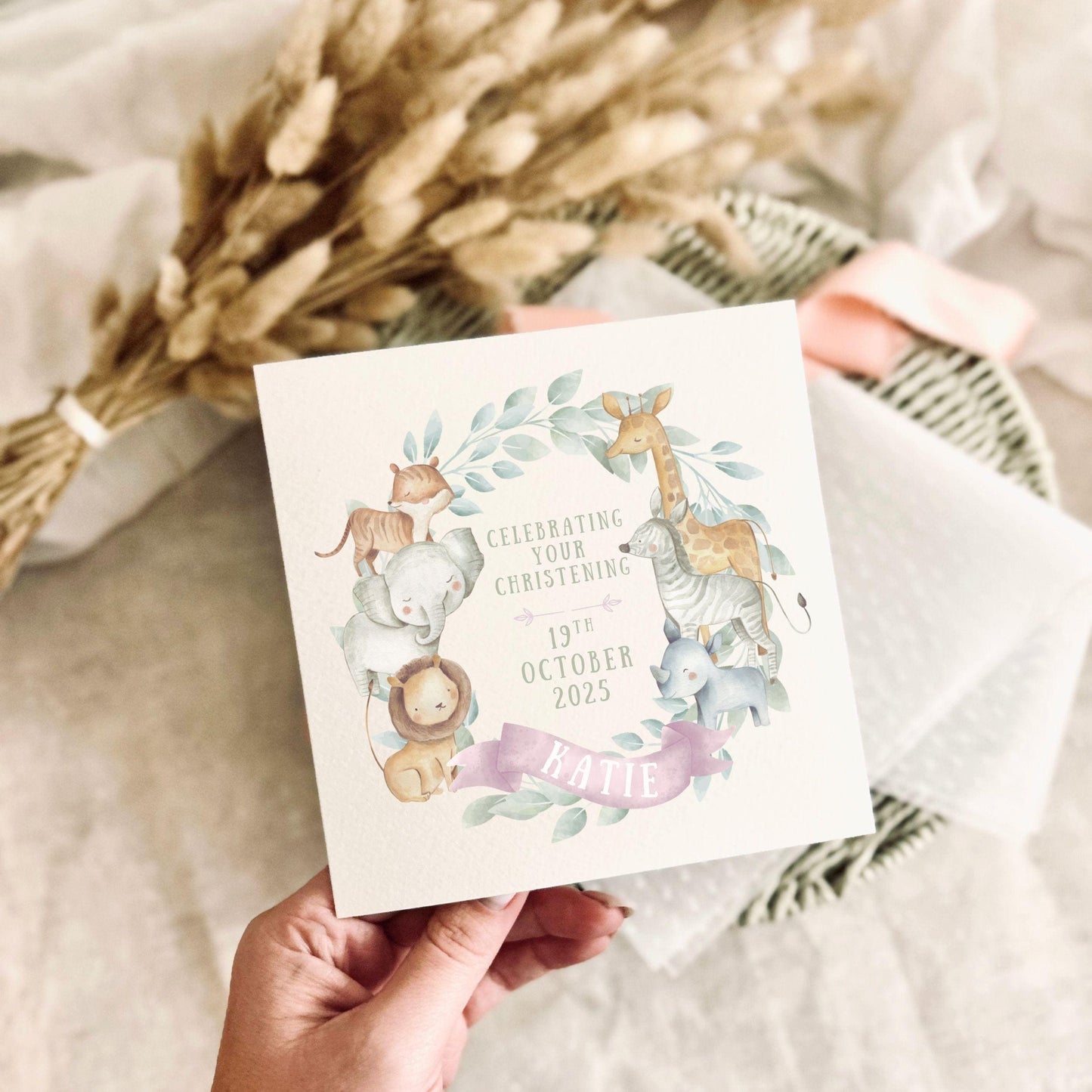 Personalised Girls Christening Card - Baptism Greeting Card Keepsake with Custom Options - Animal Wreath