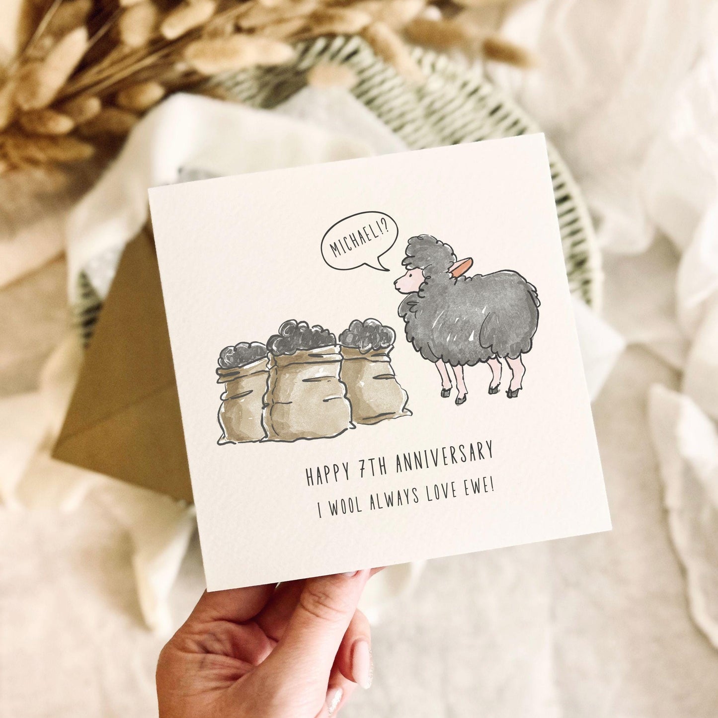 Personalised Wool Anniversary Card for Couple - 7th Anniversary Pun With Custom Name of Partner