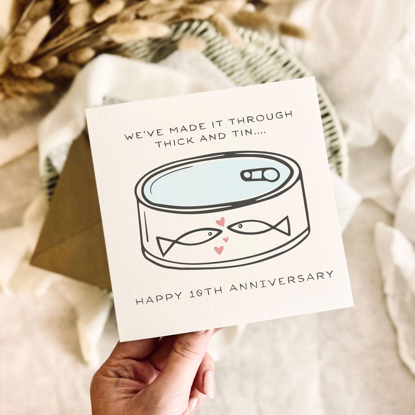 10 Year Anniversary Greeting Card - Tin Wedding Milestone Pun - Ten Years Personalised For Couple