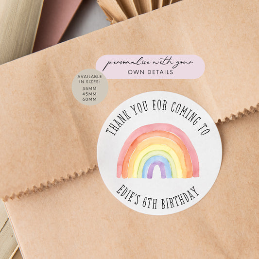 Rainbow Print Birthday Party Favour Stickers | white round/circle 35mm 45mm and 60mm Labels | Party Bag labels, thank you