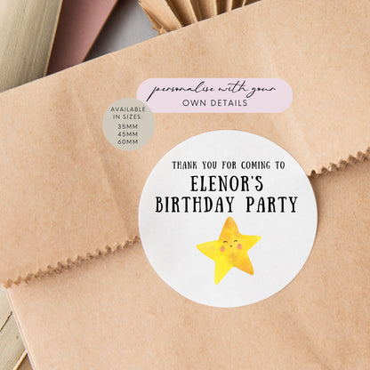 Star Print Thank You Birthday Party Favour Stickers | white round/circle 35mm 45mm and 60mm Labels | Party Bag labels, thank you