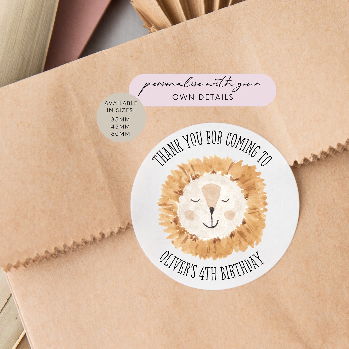 Lion Print Birthday Party Favour Stickers | white round/circle 35mm 45mm and 60mm Labels | Party Bag labels, thank you