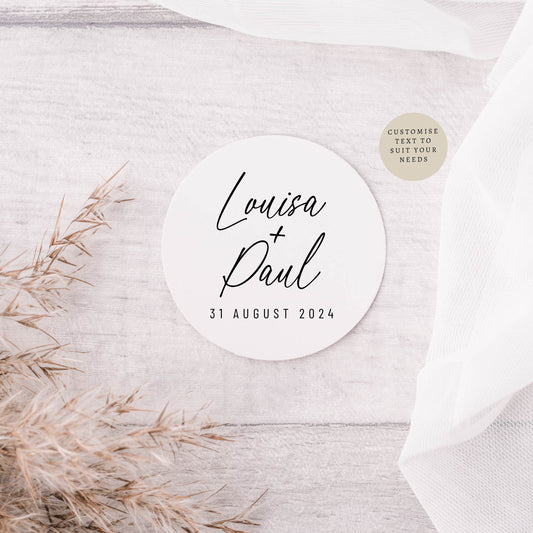 Bride & Groom Simple Wedding Sticker Sheet | Various Size | Personalised Round Label Favours for Event, Circle Stickers for Engagement Party