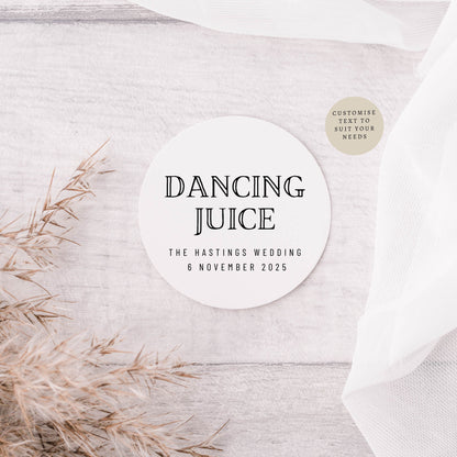 Dancing Juice Wedding Favour Sticker Sheets | 3 sizes | Personalised round sticker for favour bottles, Engagement Party labels for drink