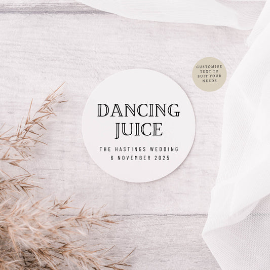 Dancing Juice Wedding Favour Sticker Sheets | 3 sizes | Personalised round sticker for favour bottles, Engagement Party labels for drink