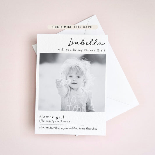 Personalised Flower Girl Photo Postcard | Letterbox Wedding Gift for Niece, Keepsake Proposal Box Card, Custom Bridal Party Thank You