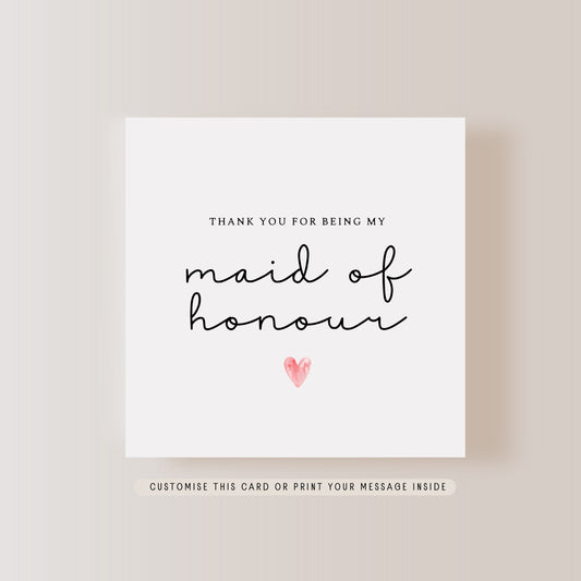 Thank you to Maid of Honour Greeting Card | Wedding Party Personalised Card, Bridal Party Keepsake Favour, Letterbox Gift for her from Bride