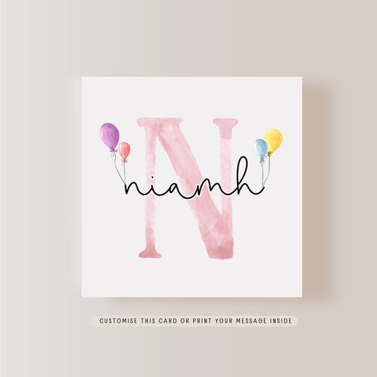 Personalised Pink Letter Greeting Card | Birthday Card for Child, Christening Name Card for boy, Baptism Gift for Girl, for Niece or Nephew