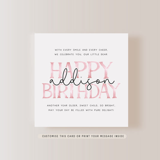 Personalised Birthday Card for Girl | Poem Greeting Card for Child, Pink Custom Name Birthday Wishes, Card for Daughter, Gift for Niece