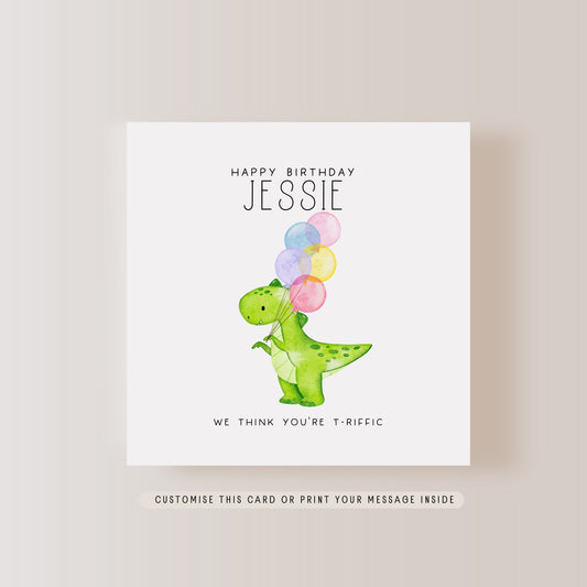 Green Dinosaur T-Riffic Birthday Card | Personalised Name & Poem Greeting Card for Child, Card for Girls, Gift for Boy, Niece or Nephew card