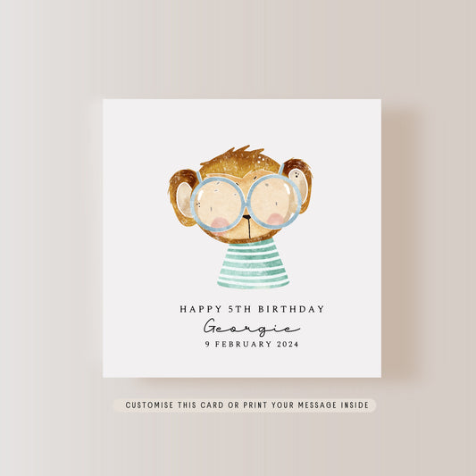 Cute Monkey Greeting Card | Personalised Birthday Card for Children, Happy Birthday custom Name & Date Card, Letterbox Gift for Girl or Boy