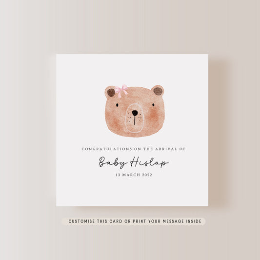 Birth of Baby Girl Greeting Card |  Personalised Congratulations on New Arrival Greeting Card, Keepsake New Baby Bear Card, Gift for Newborn