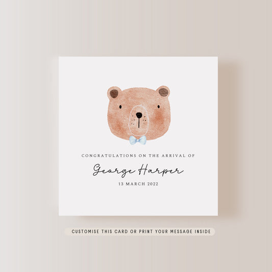 Birth of Baby Boy Greeting Card |  Personalised Congratulations on New Arrival Greeting Card, Keepsake New Baby Bear Card, Gift for Newborn