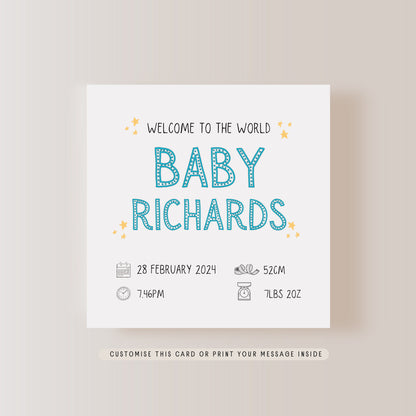 Welcome to the World Greeting Card | Personalised Birth of Baby Card, New Arrival name, date & weight Memento Card, Keepsake New Baby Card