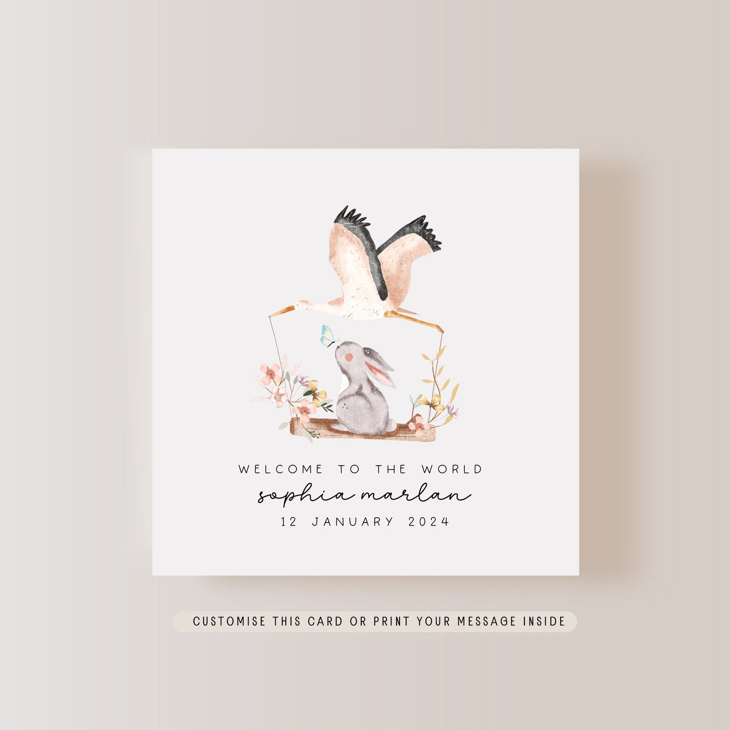 Welcome to the World Greeting Card | Personalised Baby Keepsake, Gift for New Parents, Newborn Custom Stork & Bunny Congratulations Card