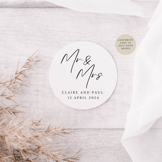 Mr & Mrs Wedding Favour Sticker Sheets | Various Sizes | Personalised round sticker for wedding favour, Custom Engagement Party labels