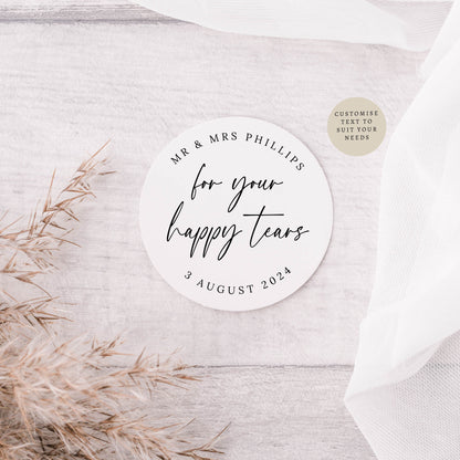 Happy Tears Wedding Favour Sticker Sheets | Various Sizes | Personalised round sticker for wedding favour, Custom Engagement Party labels