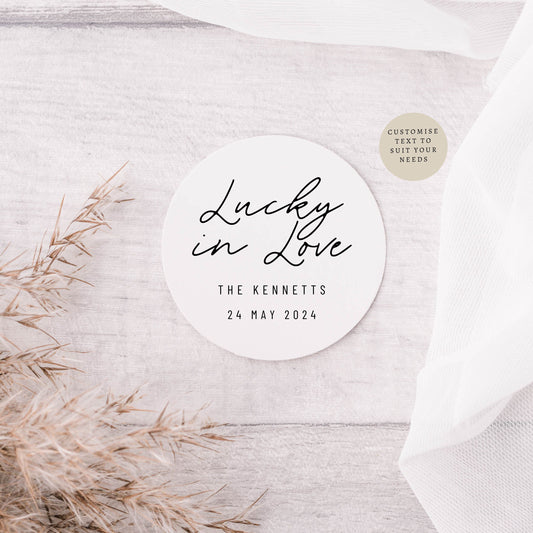 Lucky in Love Wedding Sticker Sheet | Various Sizes | Personalised Round Labels Favours for Event, Circle Stickers for Engagement Party