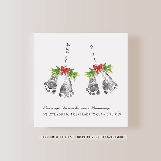 Personalised Mistletoe Multiple Footprints Christmas Card | Greeting Card for mum, gift for mummy, to nan, from children to someone special