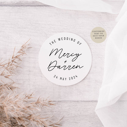 The Wedding Of Bride & Groom Sticker Sheets | Various Sizes | Custom Round Label Favours for Event, Circle Stickers for Engagement Party