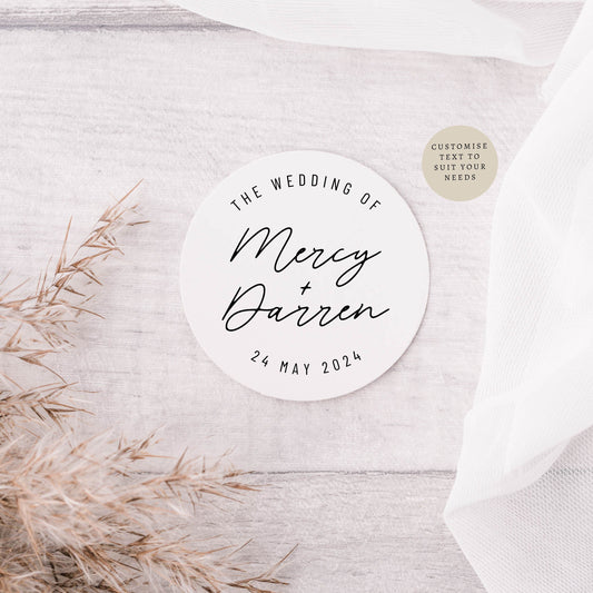 The Wedding Of Bride & Groom Sticker Sheets | Various Sizes | Custom Round Label Favours for Event, Circle Stickers for Engagement Party