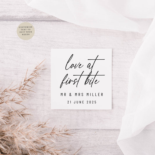 Wedding Favour Sticker Sheet | Love at First Bite | Personalised Square Labels, 40mm x 40mm Stickers for Engagement or Wedding Reception