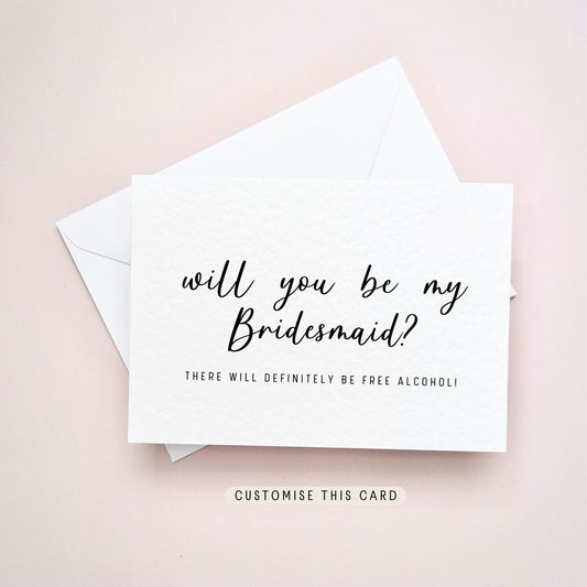 Will you be my Bridesmaid Proposal Postcard, Maid of Honour Personalised Gift, Funny Keepsake Letterbox Bridal Party Favour | Free Alcohol