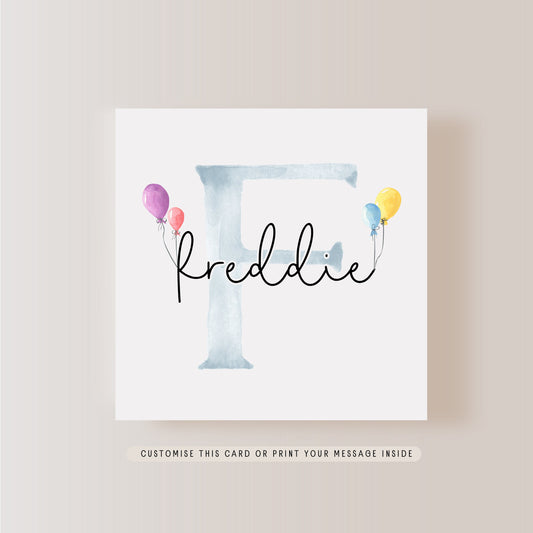 Personalised Blue Letter Greeting Card | Birthday Card for Child, Christening Name Card for boy, Baptism Gift for Girl, for Niece or Nephew