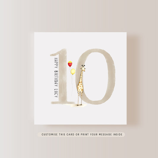 Happy 10th Birthday Child's Greeting Card | Giraffe Print Gender Neutral Card, Personalised Gift for Boys, Letterbox Gift for Girls