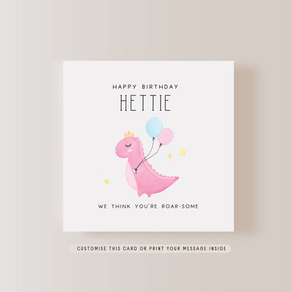 Pink Dinosaur Roar-some Birthday Card | Personalised Name & Poem Greeting Card for Child, Card for Girls, Gift for Boy, Niece or Nephew card