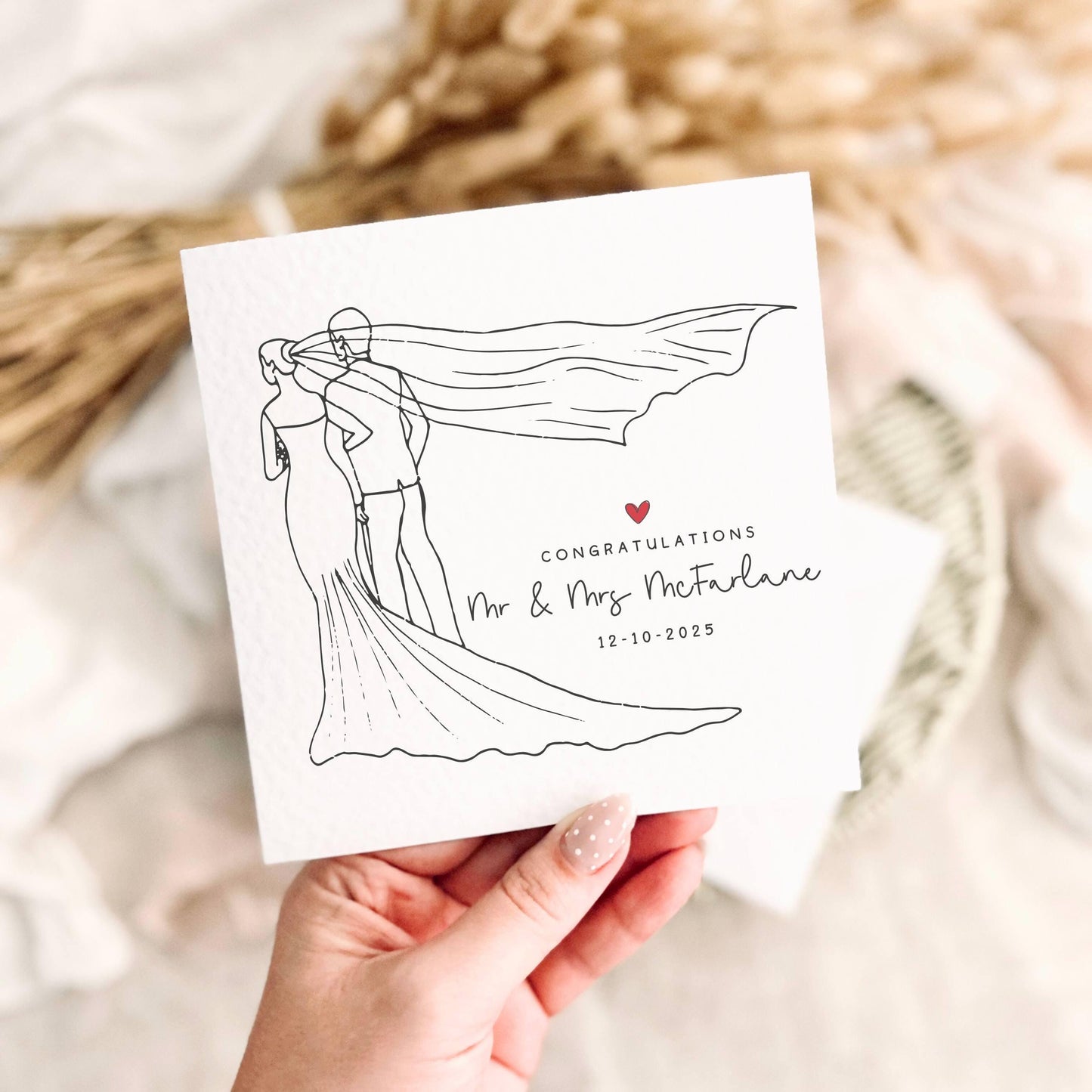 Line Drawn Wedding Card - Personalised Wedding Greeting Card for Couple