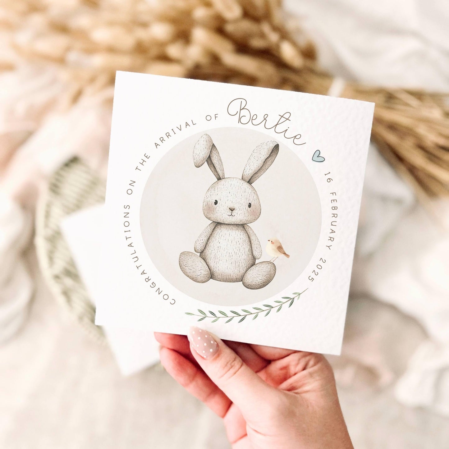 Personalised New Baby Greeting Card - Custom Name & Date Keepsake Bunny Print
