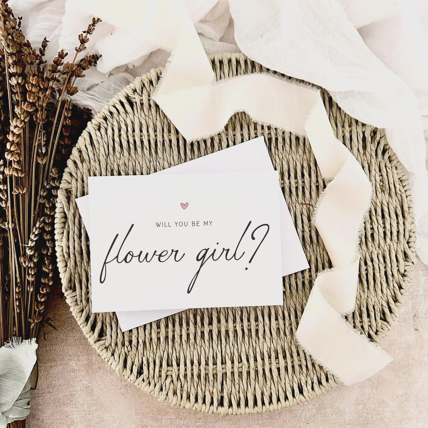 Flower Girl Proposal Card - Heart Print Keepsake with Personalised Options - Bridal Party Gift Box Postcard