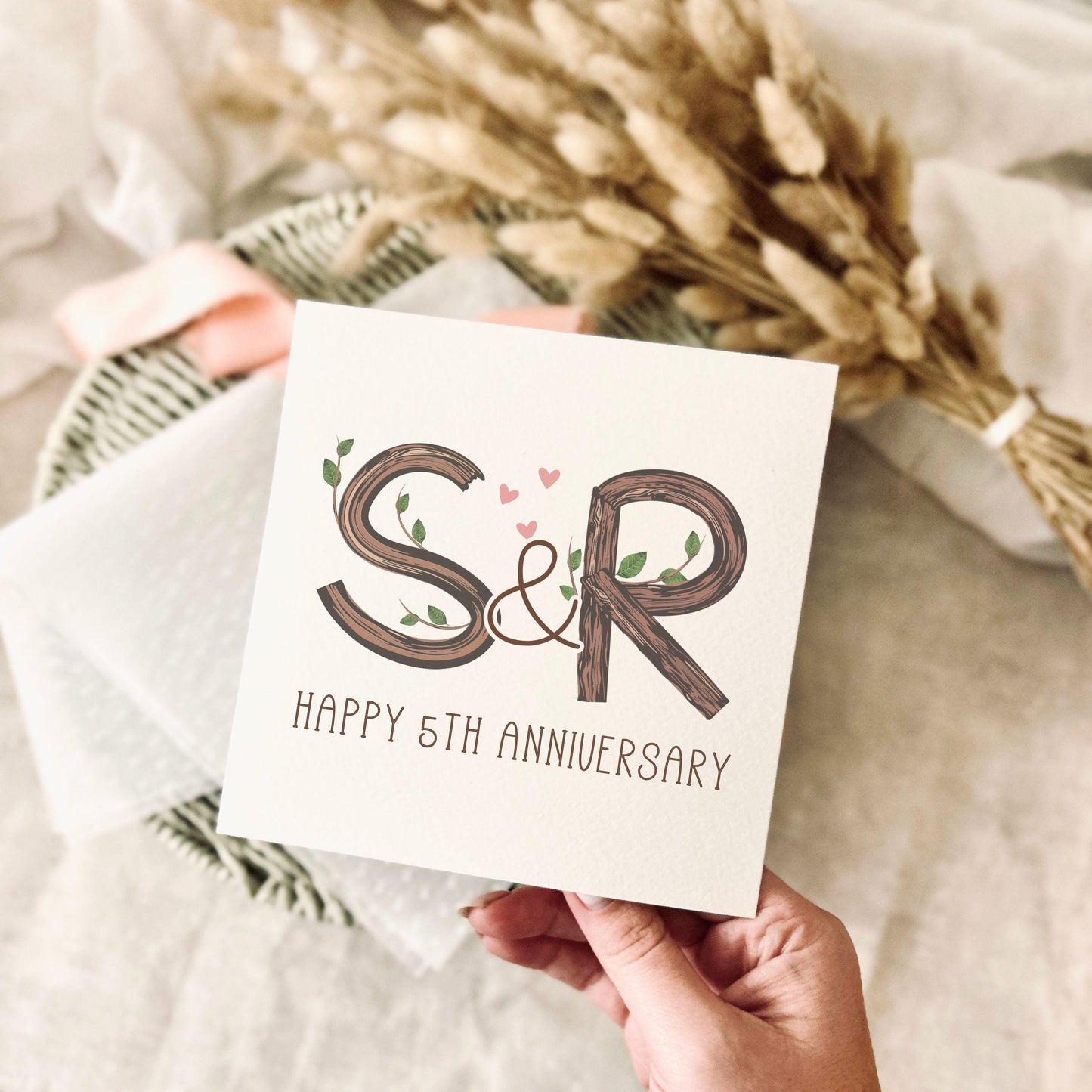 5th Anniversary Greeting Card - Personalised Wood Anniversary Keepsake with Couples Initials - Custom Options Available