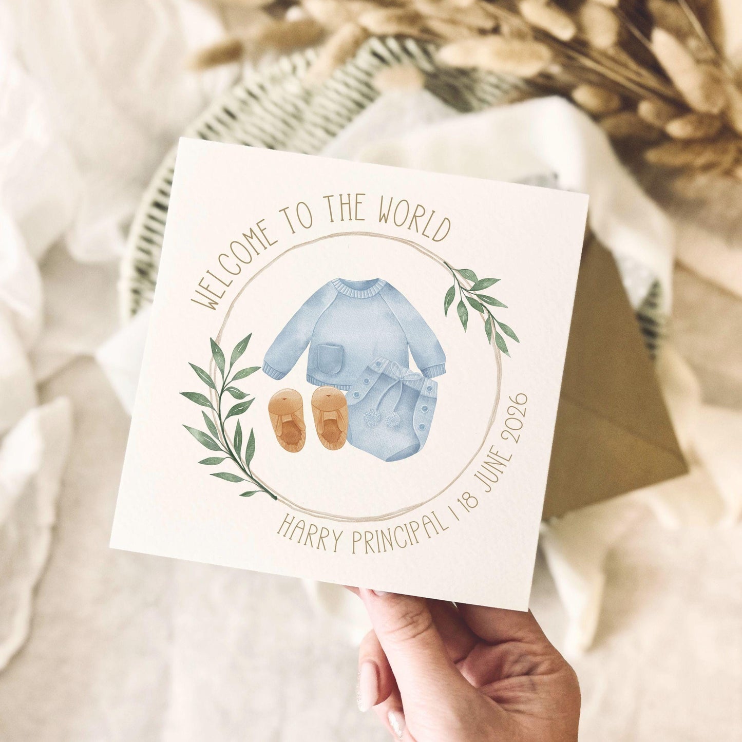 Personalised New Baby Boy Greeting Card - Customisable Gift for Newborn - Name & Birth Date Keepsake