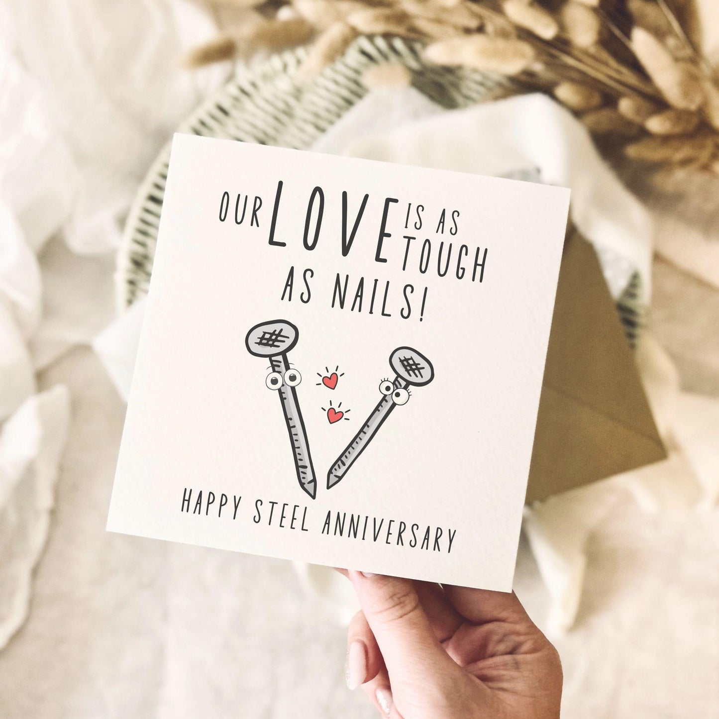 11th Anniversary Card for Partner - Steel Nails Pun Anniversary Milestone Greeting Card - Personalised Options