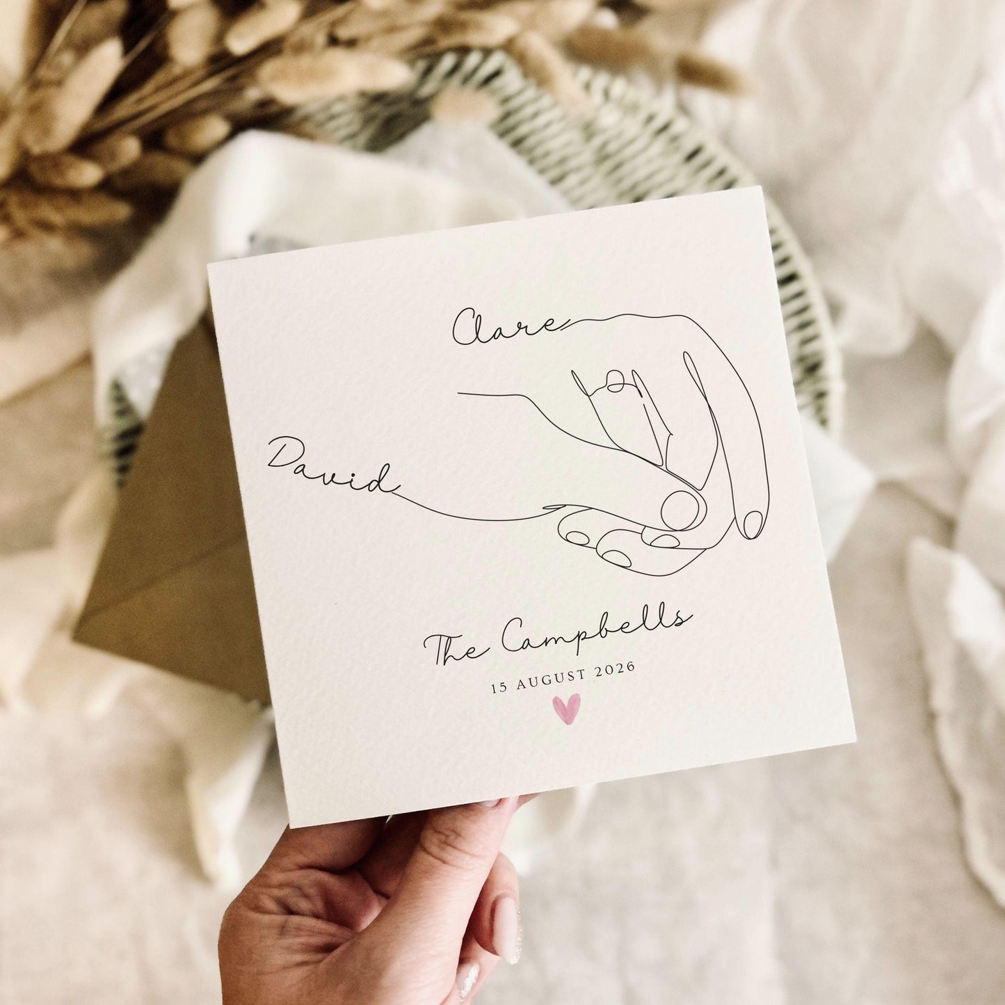 Personalised Wedding Card for Couple - Line Drawn Holding Hands - Custom Names & Wedding Day Date