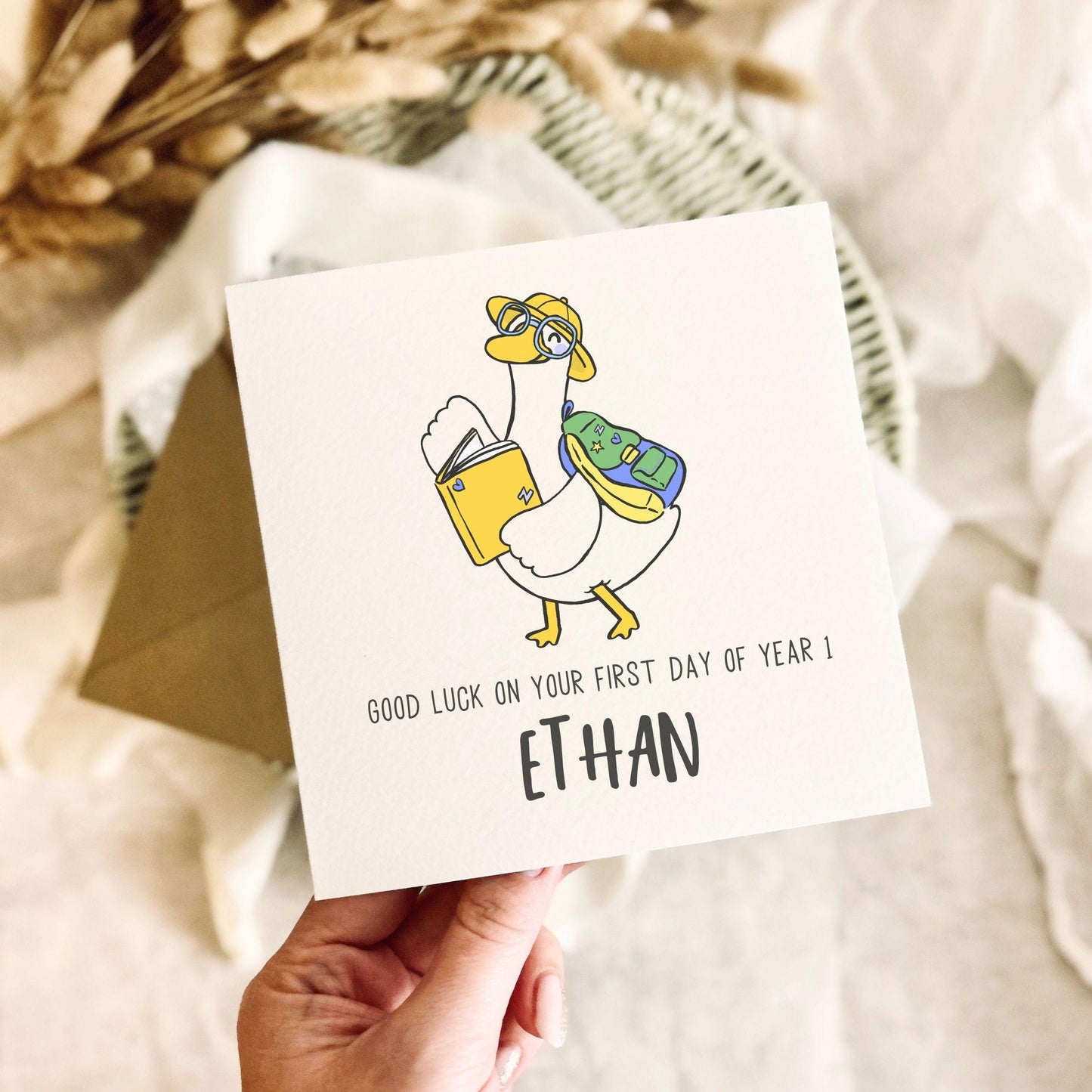 Personalised First Day Of School Card - Custom School Year Good Luck Card for Child - Personalised Options (Blue)