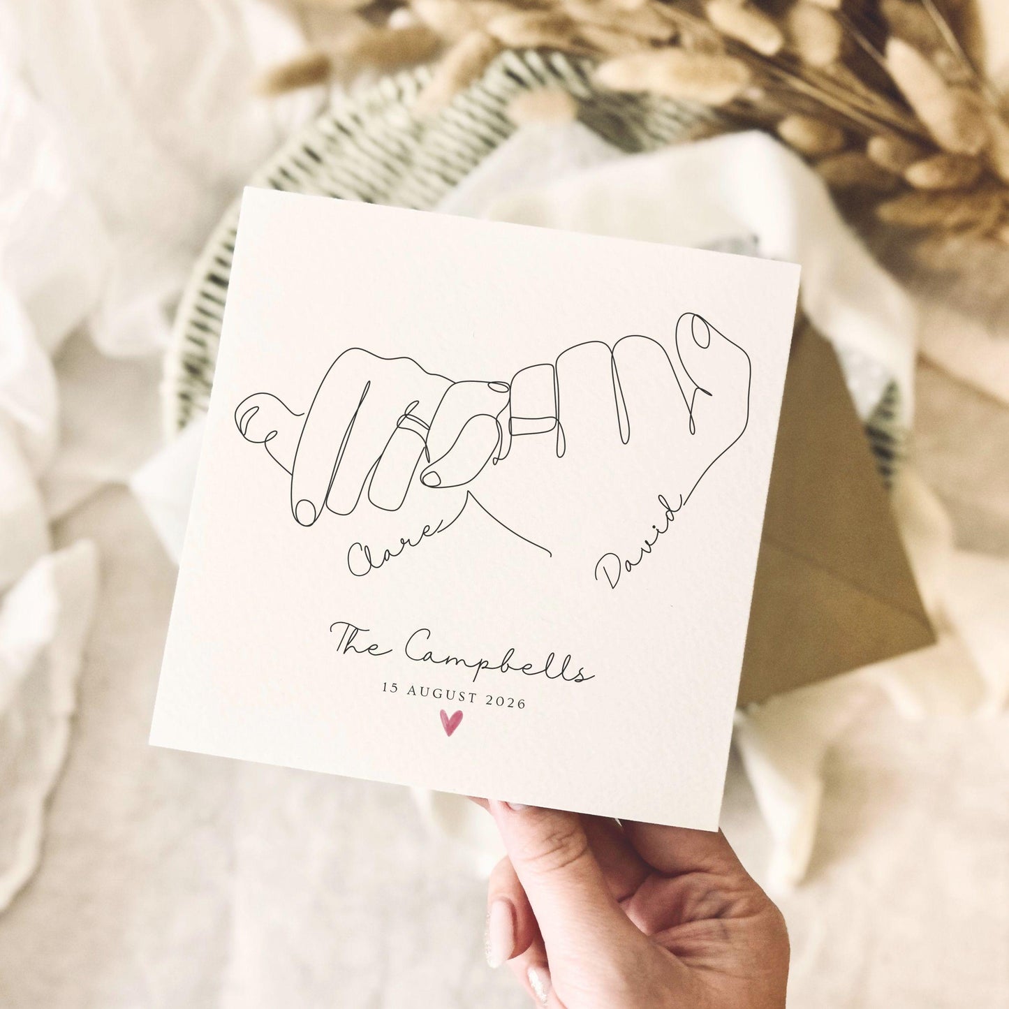 Personalised Wedding Card for Couple - Line Drawn Pinky Finger Print - Custom Names & Wedding Day Date