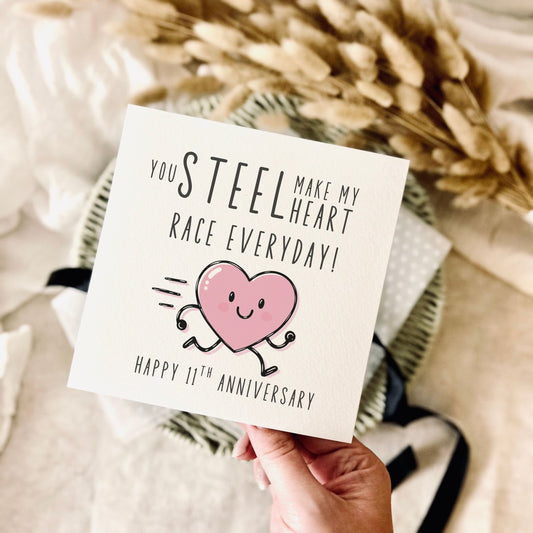 11th Anniversary Card for Partner - Steel Pun Anniversary Milestone Greeting Card - Custom & Personalised Options